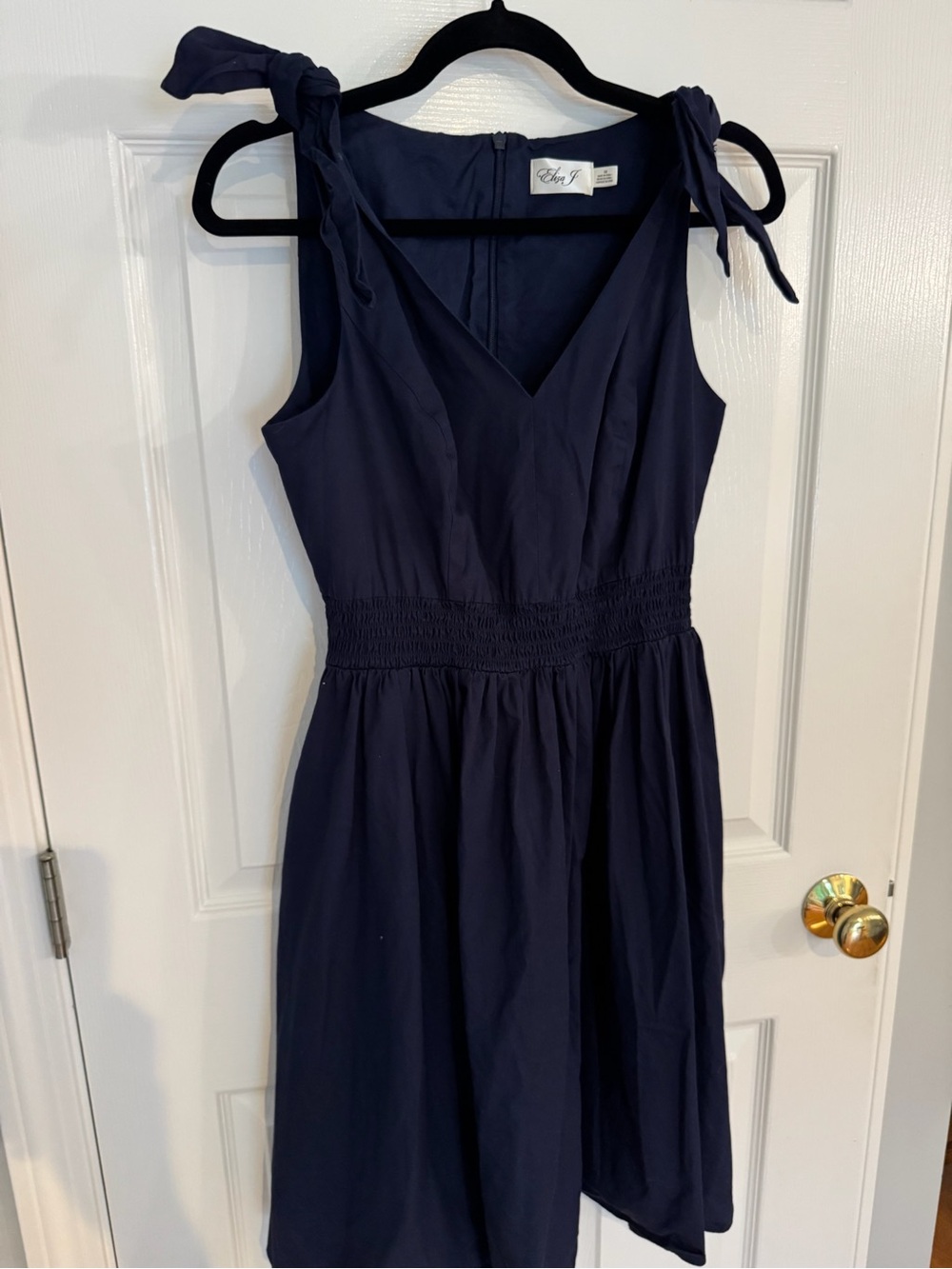 Eliza J Navy Tie-Shoulder V-Neck 100% Cotton Midi Dress with Pockets
